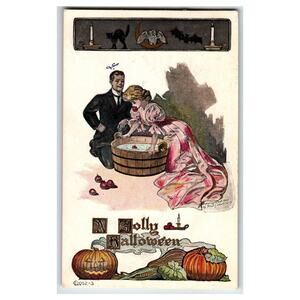1907 Halloween Postcard Couple Bobbing for Apples Fred Lounsbury Embossed